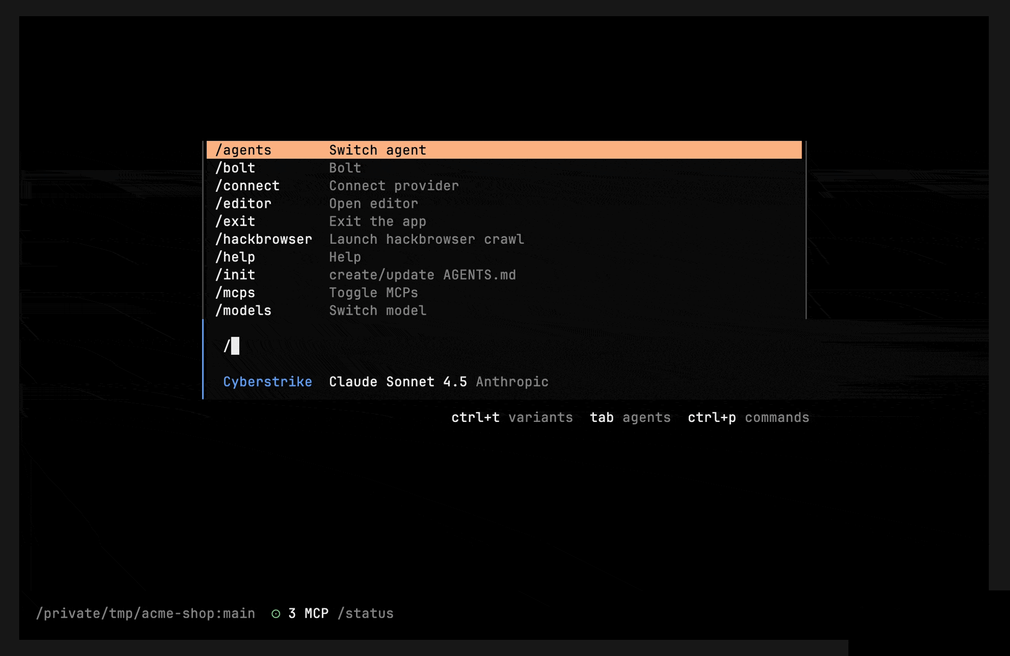 Typing a slash opens the command menu with fuzzy filtering