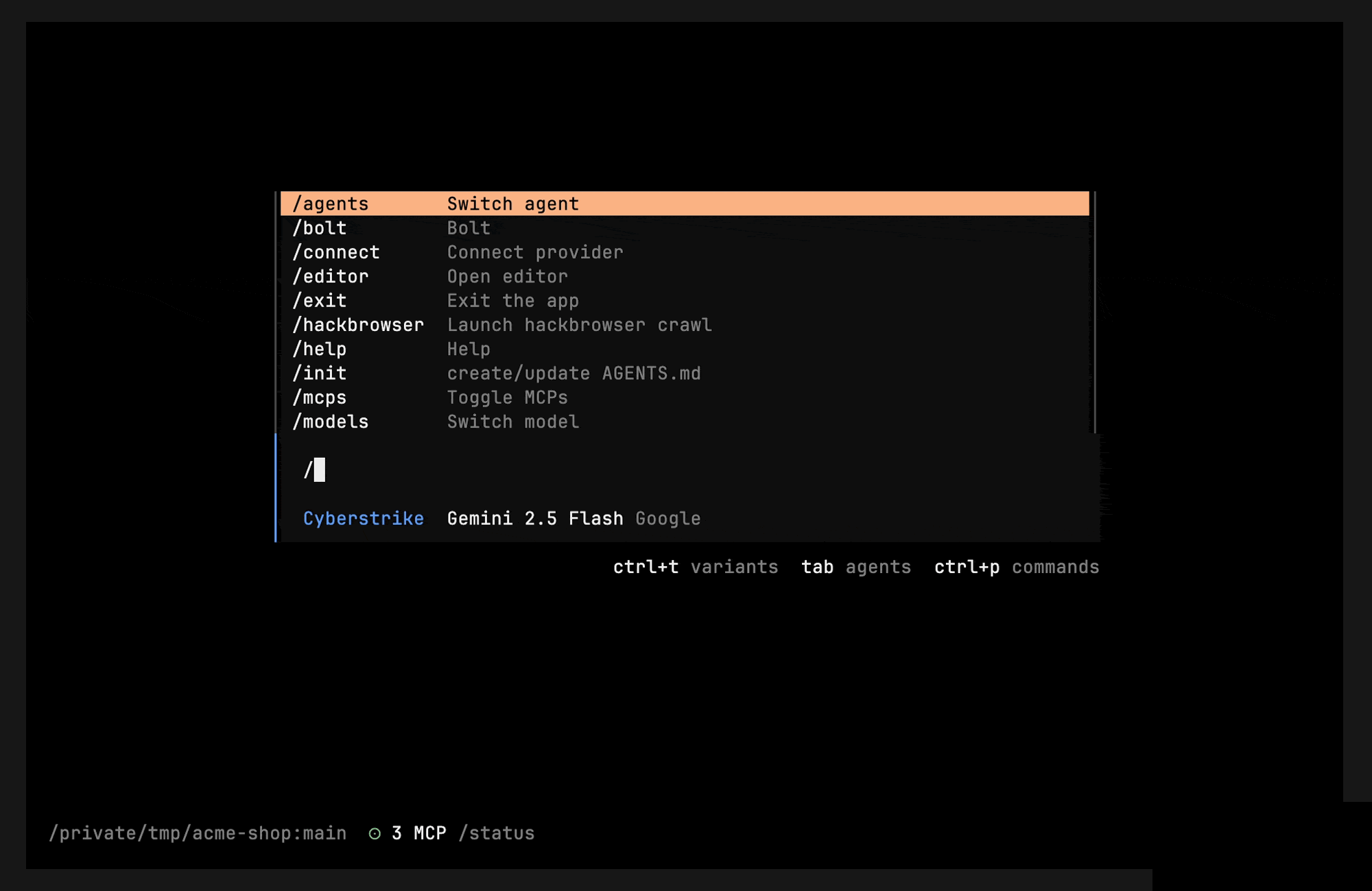 Opening the command list and navigating the pickers