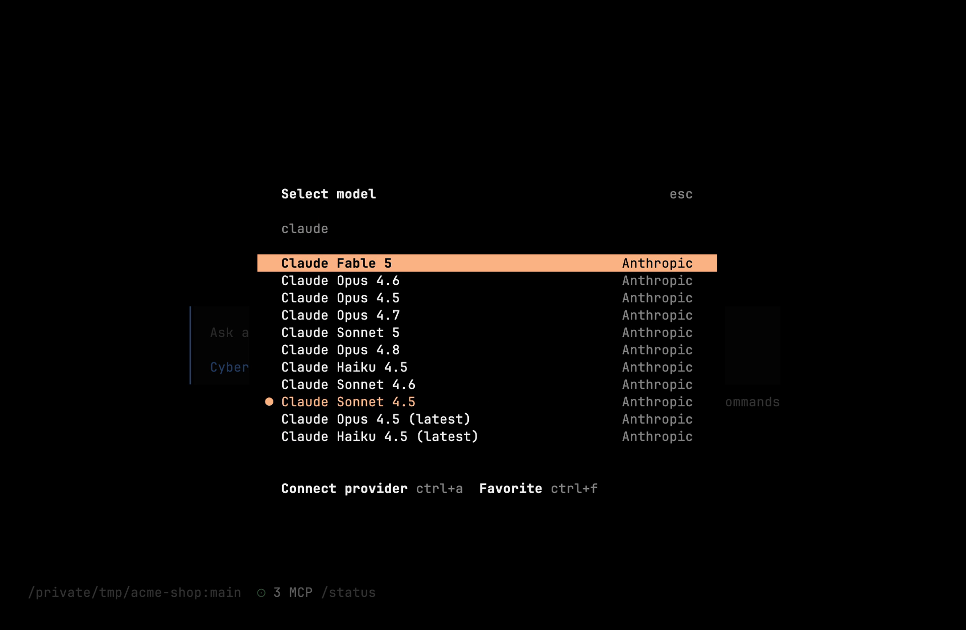 Model picker filtered to Anthropic Claude models
