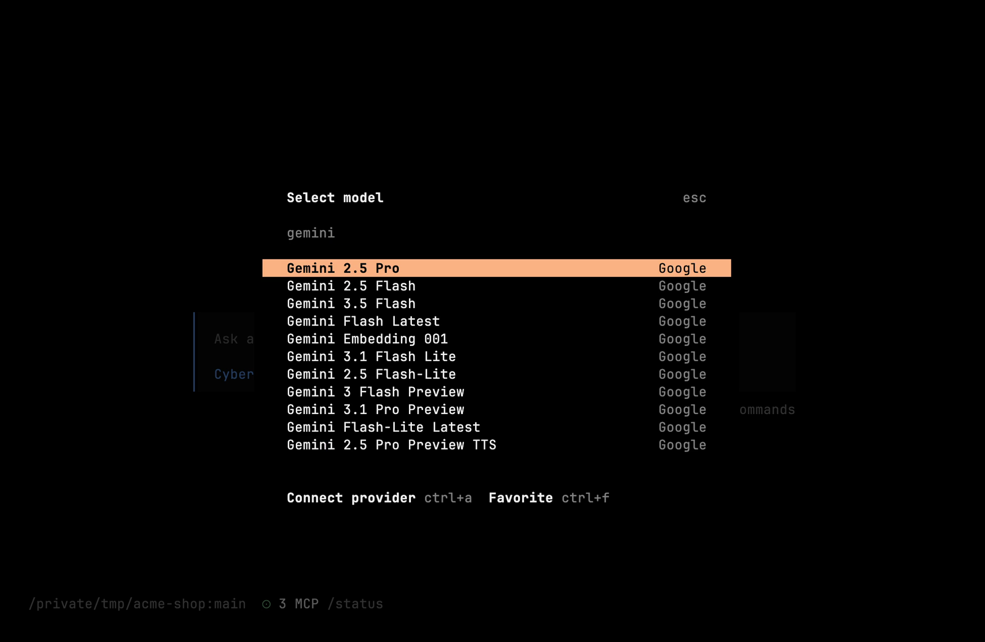 Model picker filtered to Google Gemini models