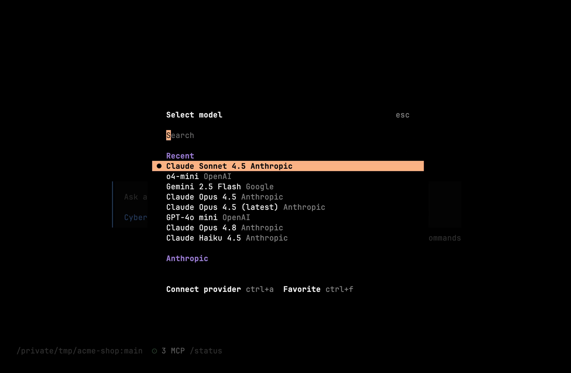 Model selection dialog opened with leader+m, showing recent models