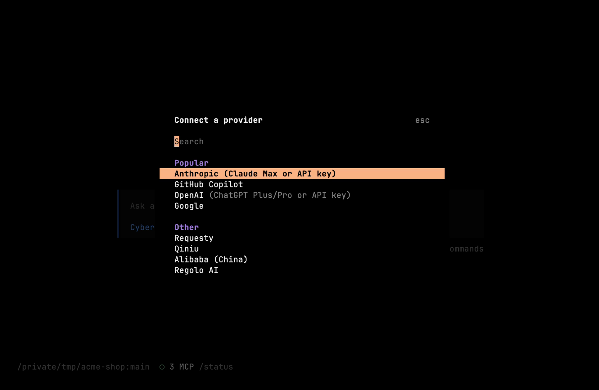 Connect a provider dialog listing popular and other providers
