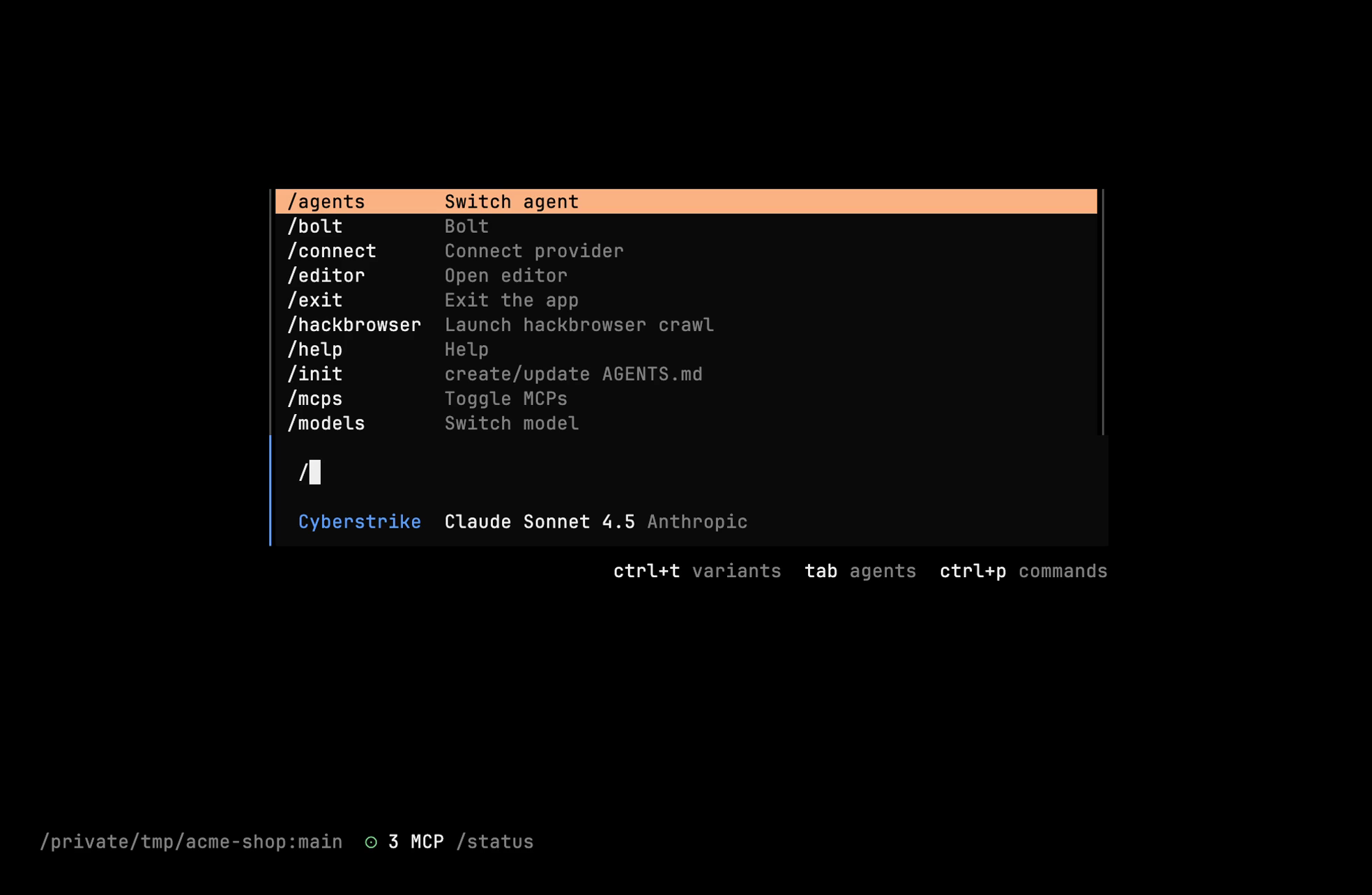 Slash command menu opened by typing / — commands grouped by category