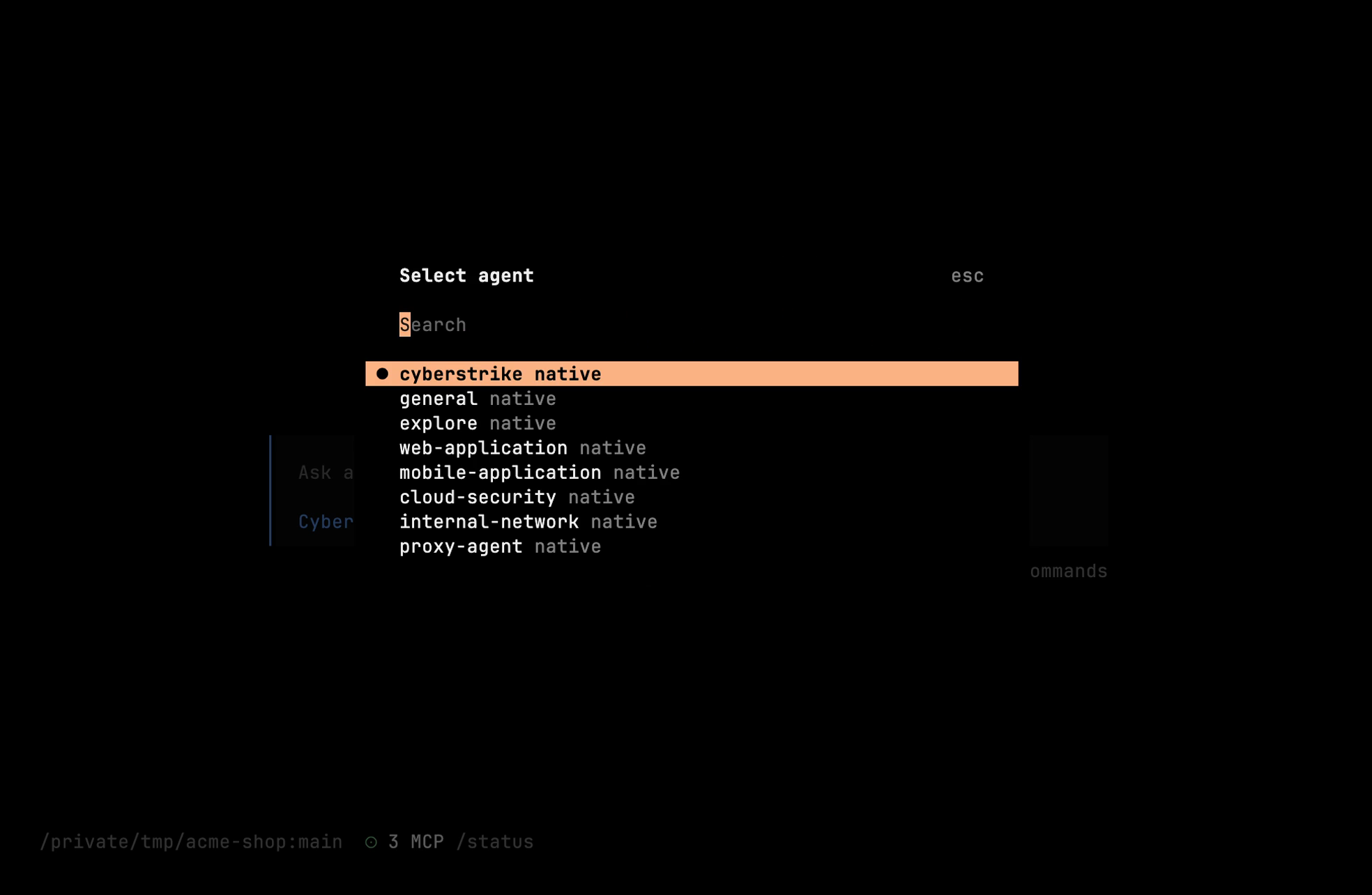 Agent picker listing the cyberstrike primary agent and specialized subagents
