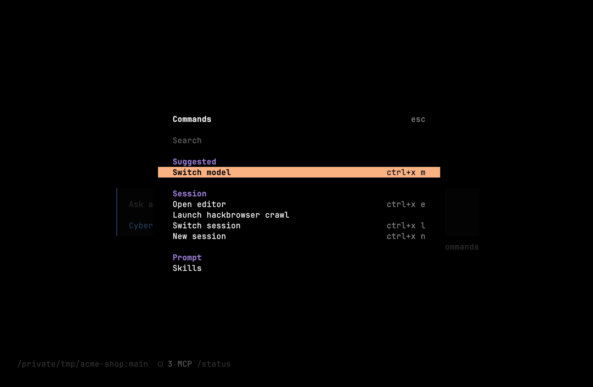 Command palette (Ctrl+P) grouped into Suggested, Session and Prompt actions